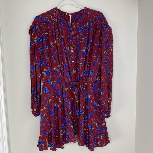 Free People Burgundy Blue flower fields mini dress long line flowy top size XS - Picture 6 of 12